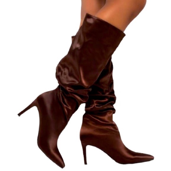 AZALEA WANG Chocolate Brown Nylon Slouchy Knee High Stiletto Boots - Picture 1 of 5